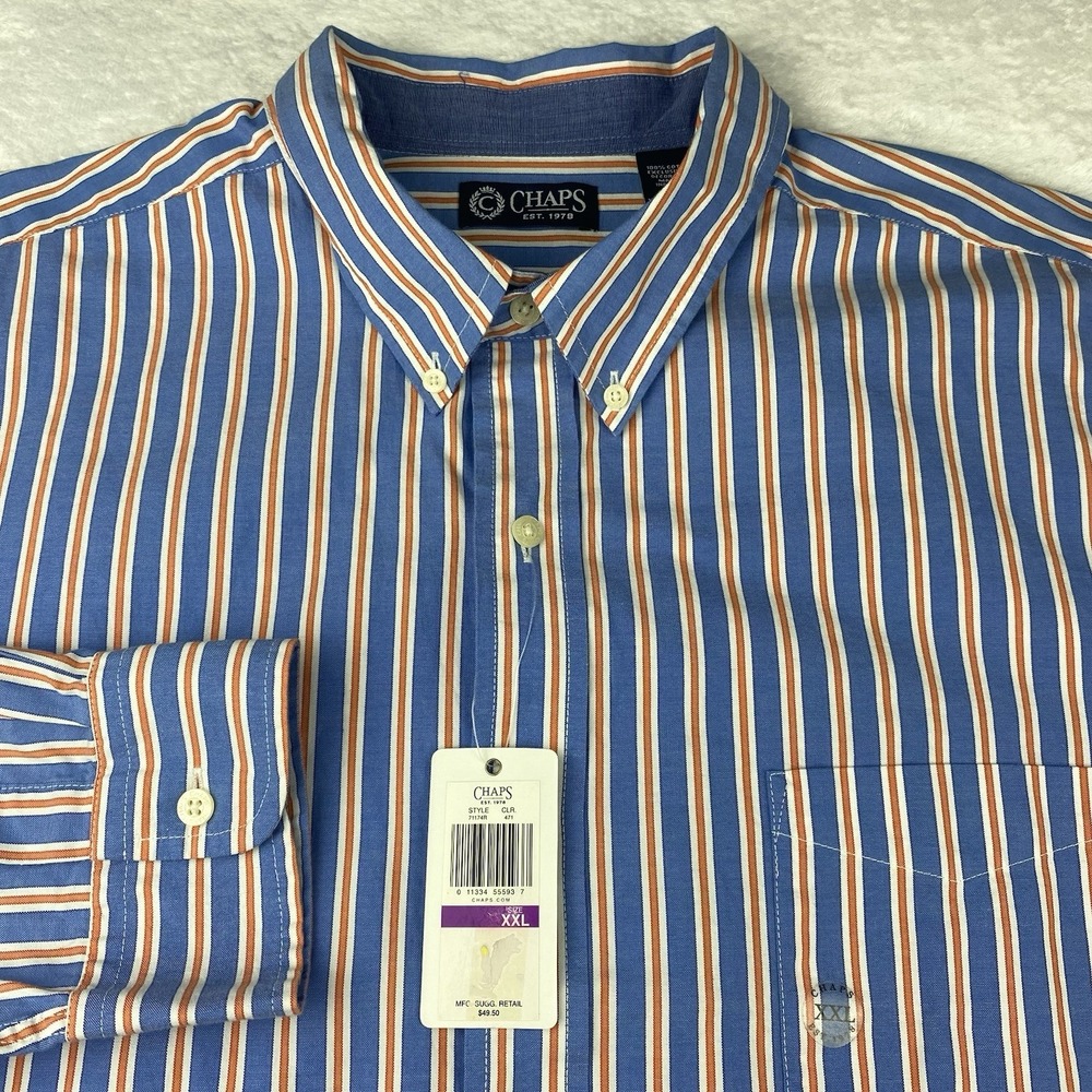 CHAPS Shirt Mens XXL Blue w/Orange-White Stripes 100% Cotton Long Sleeves NWT!